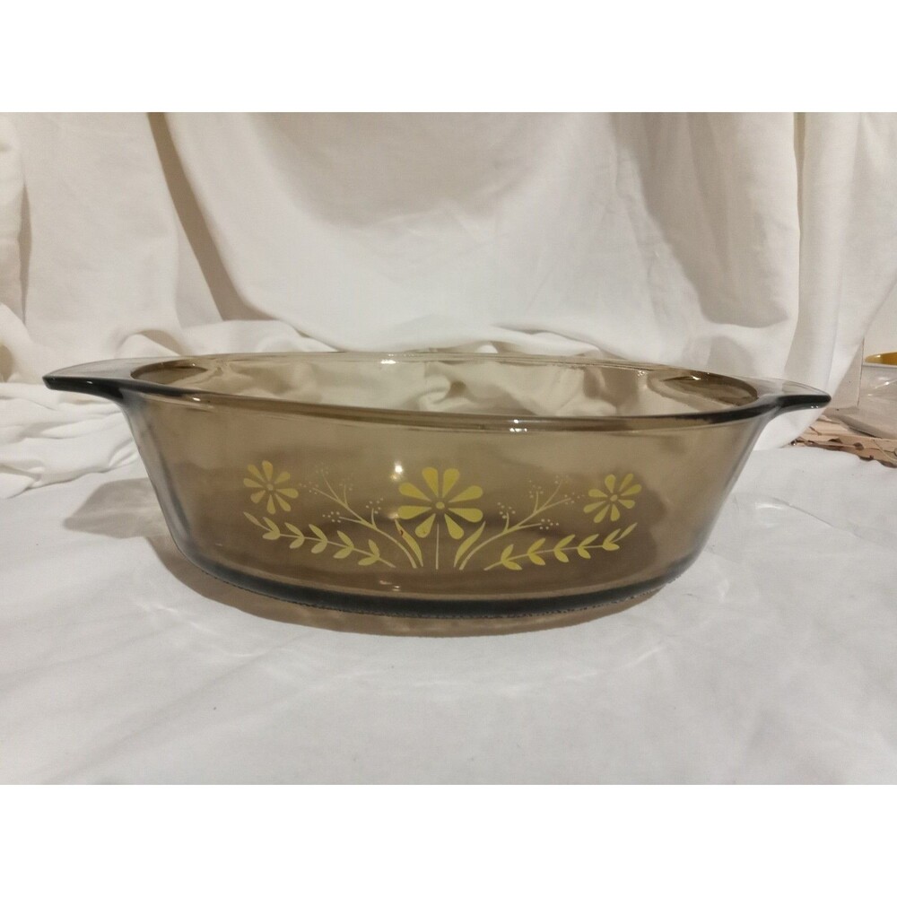Vintage Glasbake Oval Amber Casserole Dish Yellow Daisy Flower Pebbled Bottom